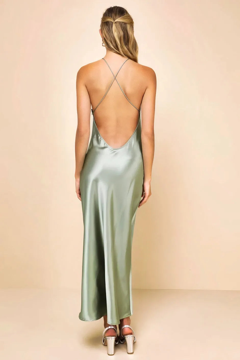 Sleek Sultriness Satin Backless Halter Midi Dress