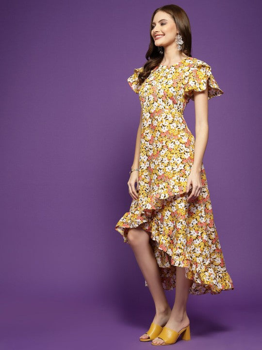 Floral Printed Flutter Sleeve Ruffled Crepe A-Line Midi Dress