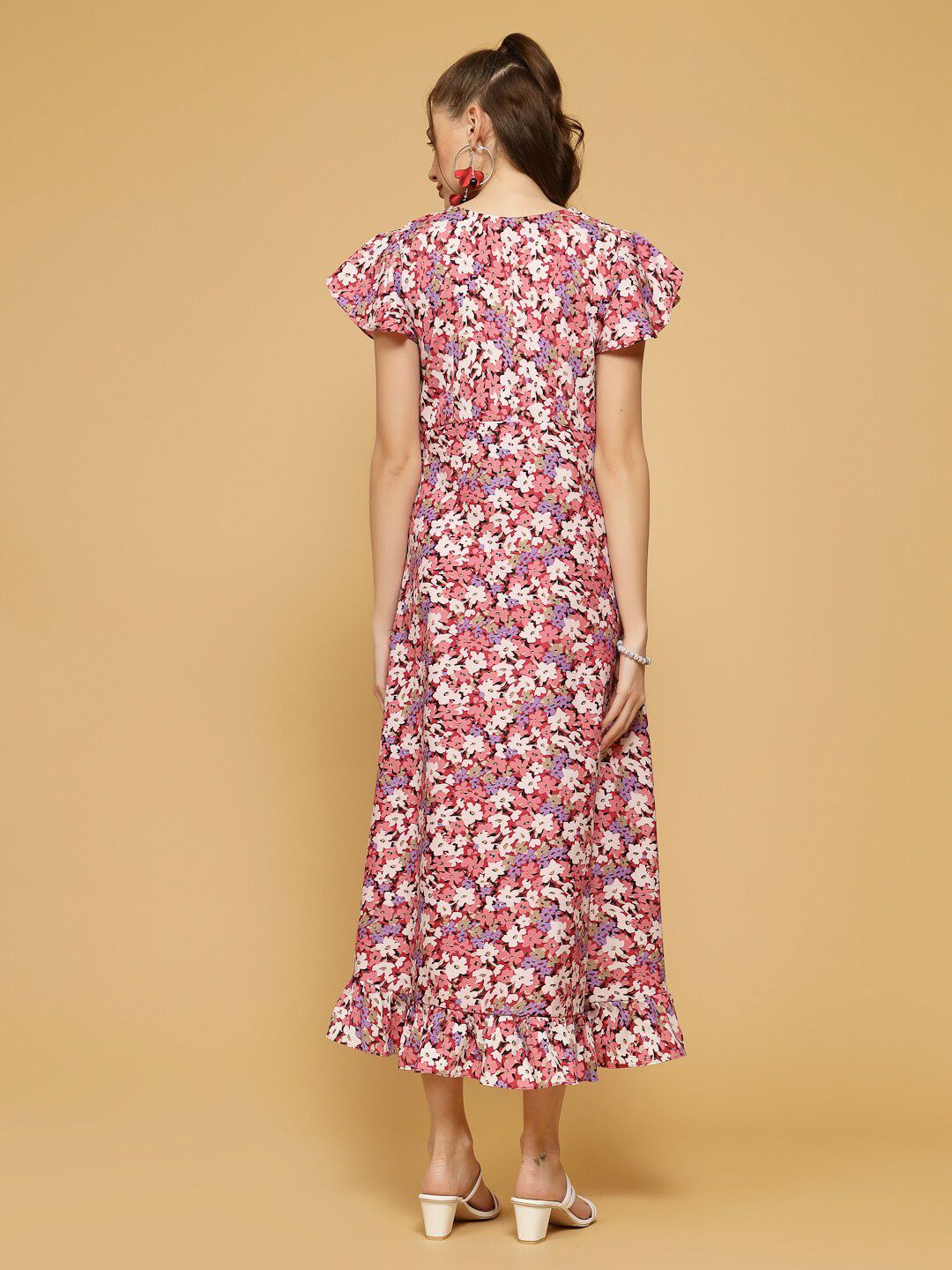 Floral Printed Flutter Sleeve Ruffled Crepe A-Line Midi Dress