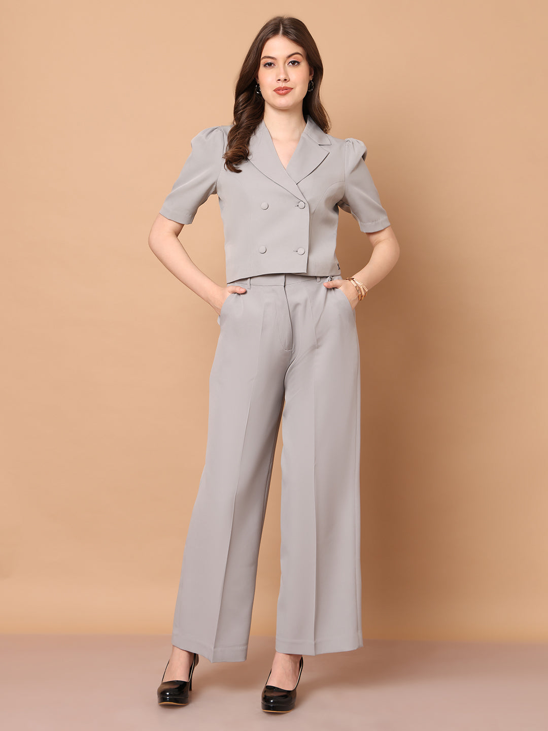 Daring Dreams Crop Blazer with Wide Leg Trouser (Grey)