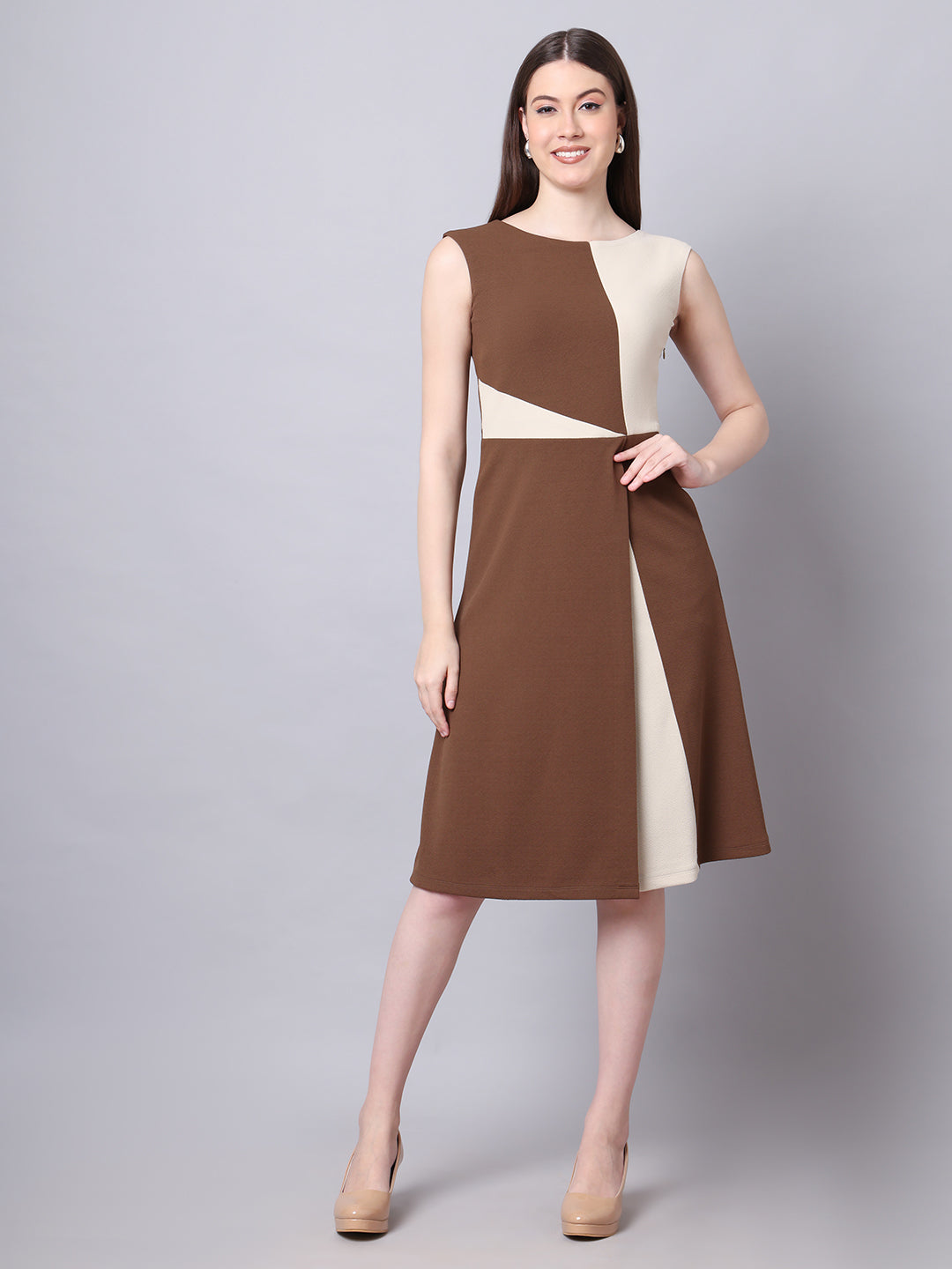 Vibrant Versatility Colour Block A-line Dress (Coffee)