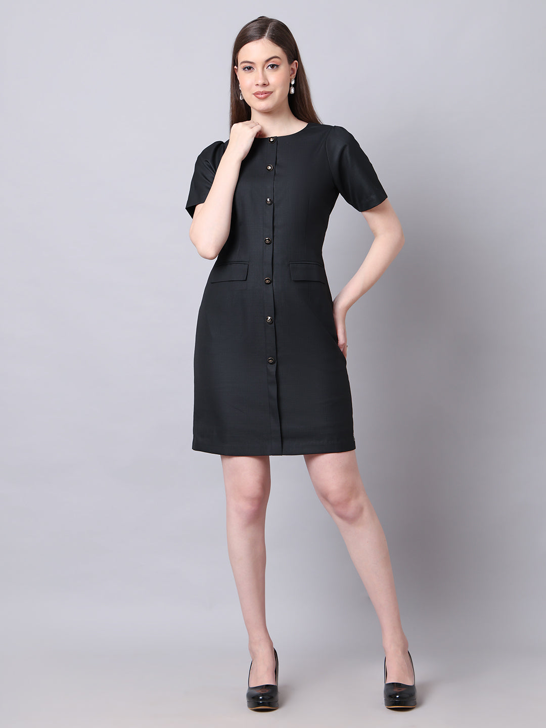 Chic Revolution Suiting Fabric Front Button Shift Dress (Black)