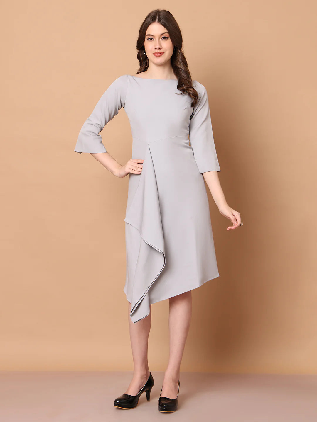 Sunlit Drape Dress With Sleeves (Grey)