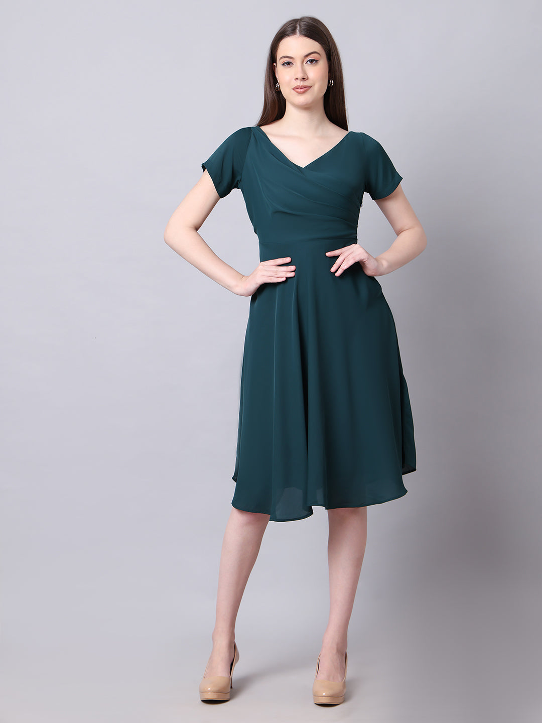 Intrepid V-Neck Front Pleat Dress with Pockets ( Emerald)