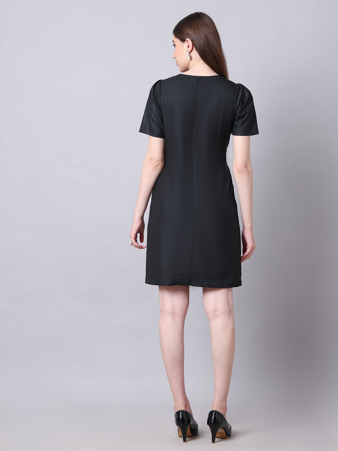 Chic Revolution Suiting Fabric Front Button Shift Dress (Black)