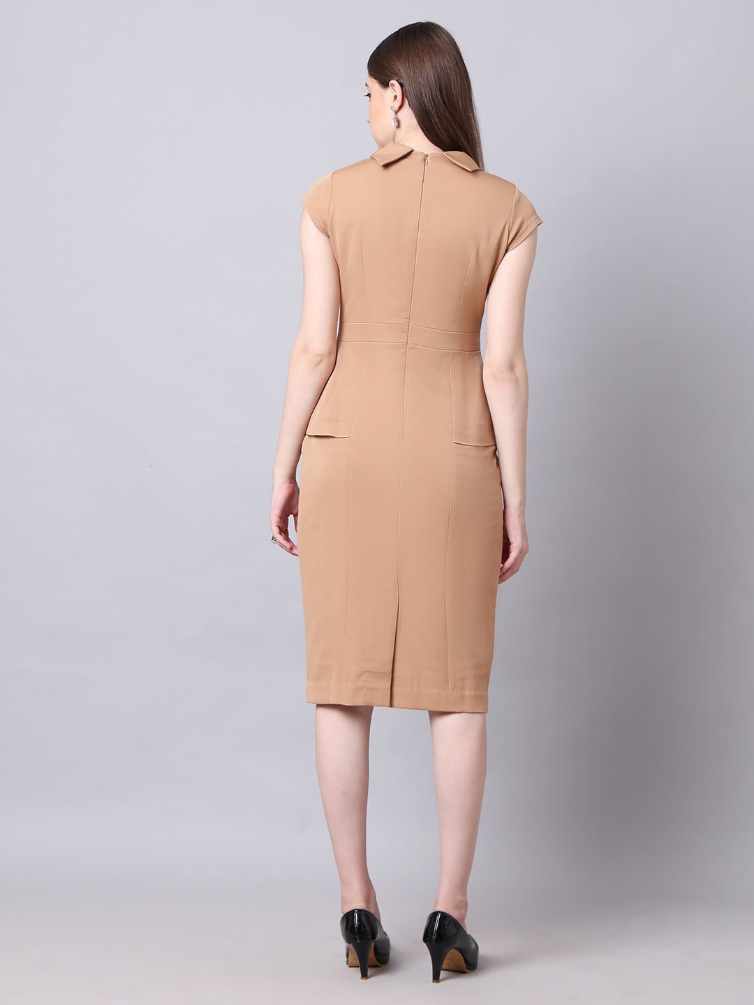 Bold & Beautiful High neck Dress with Cap Sleeves (Beige)