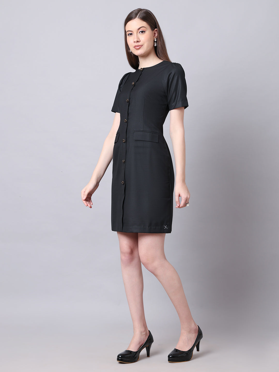 Chic Revolution Suiting Fabric Front Button Shift Dress (Black)