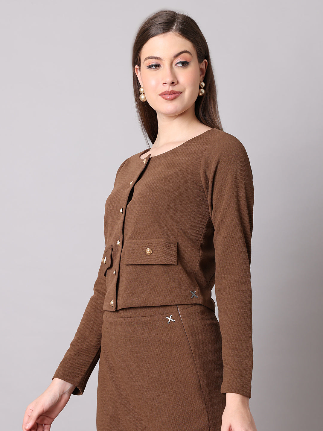 Enchanting Button-down Crop Blazer (Coffee)