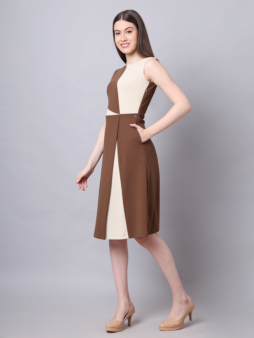 Vibrant Versatility Colour Block A-line Dress (Coffee)