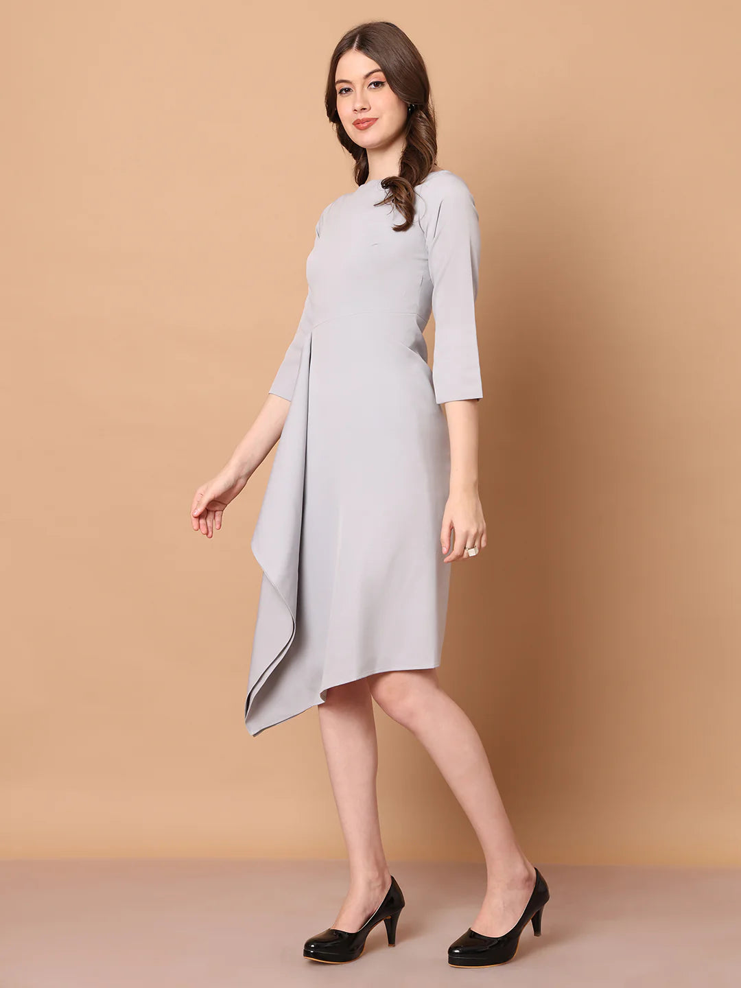 Sunlit Drape Dress With Sleeves (Grey)