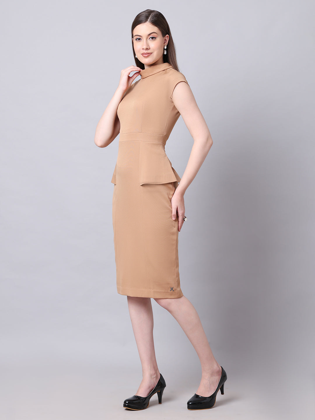 Bold & Beautiful High neck Dress with Cap Sleeves (Beige)