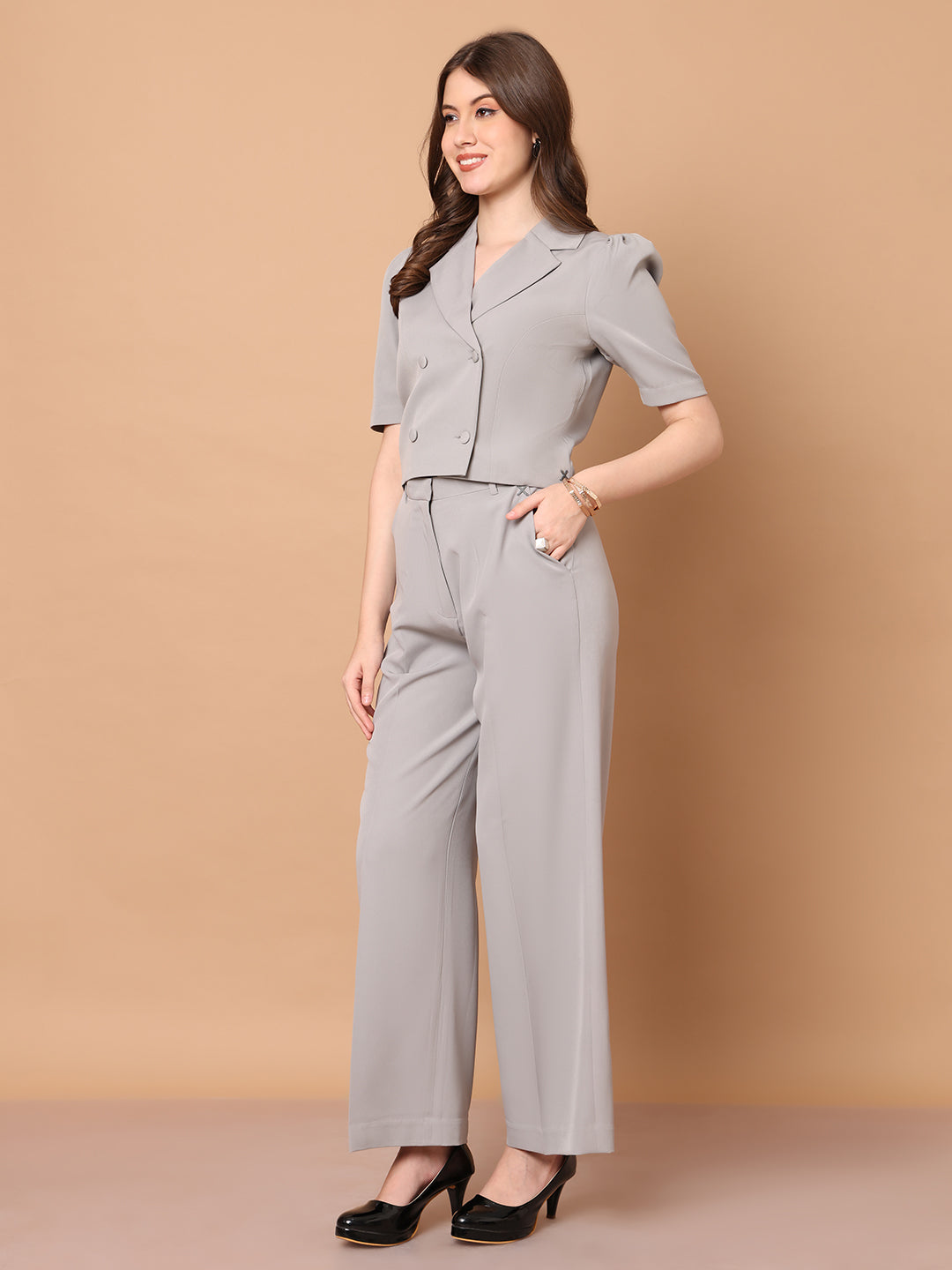 Daring Dreams Crop Blazer with Wide Leg Trouser (Grey)