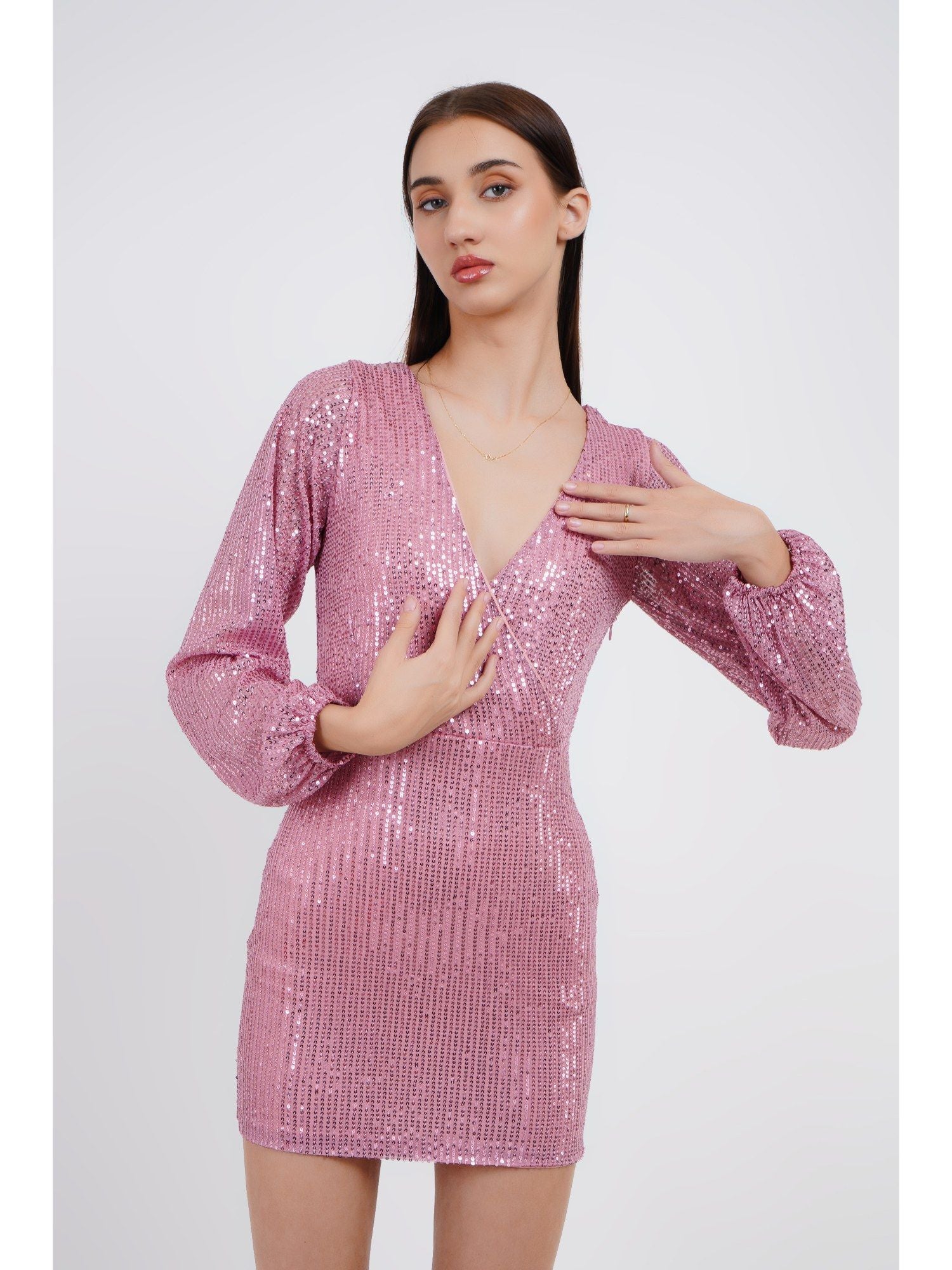 Radiant Allure Surplice Lantern Sleeve Sequin Beige Bodycon Mini Dress