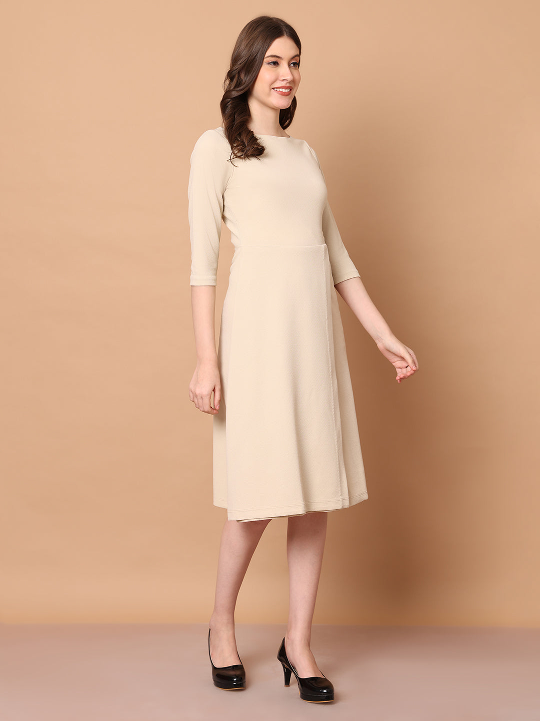 Urban Elegance Wrap Dress with Sleeves (Beige)