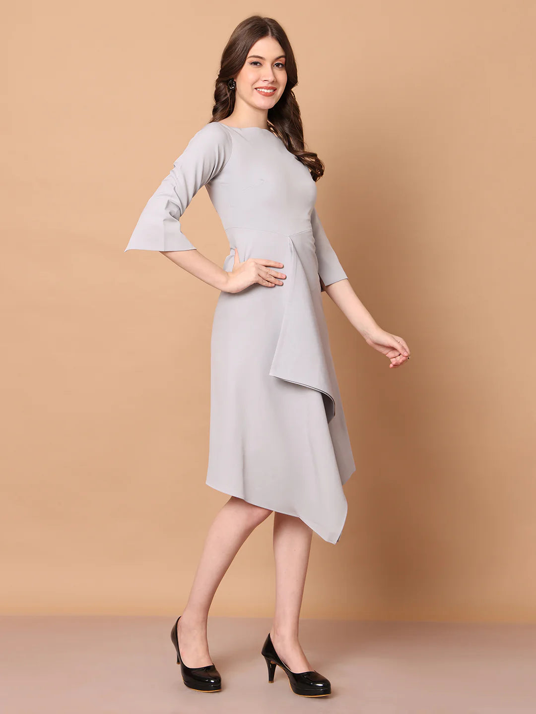 Sunlit Drape Dress With Sleeves (Grey)