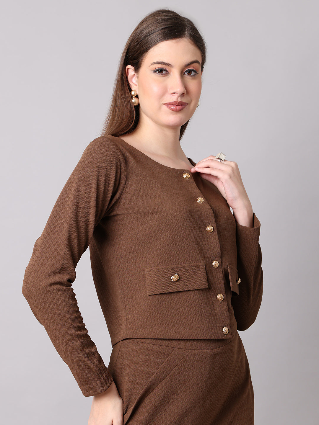 Enchanting Button-down Crop Blazer (Coffee)