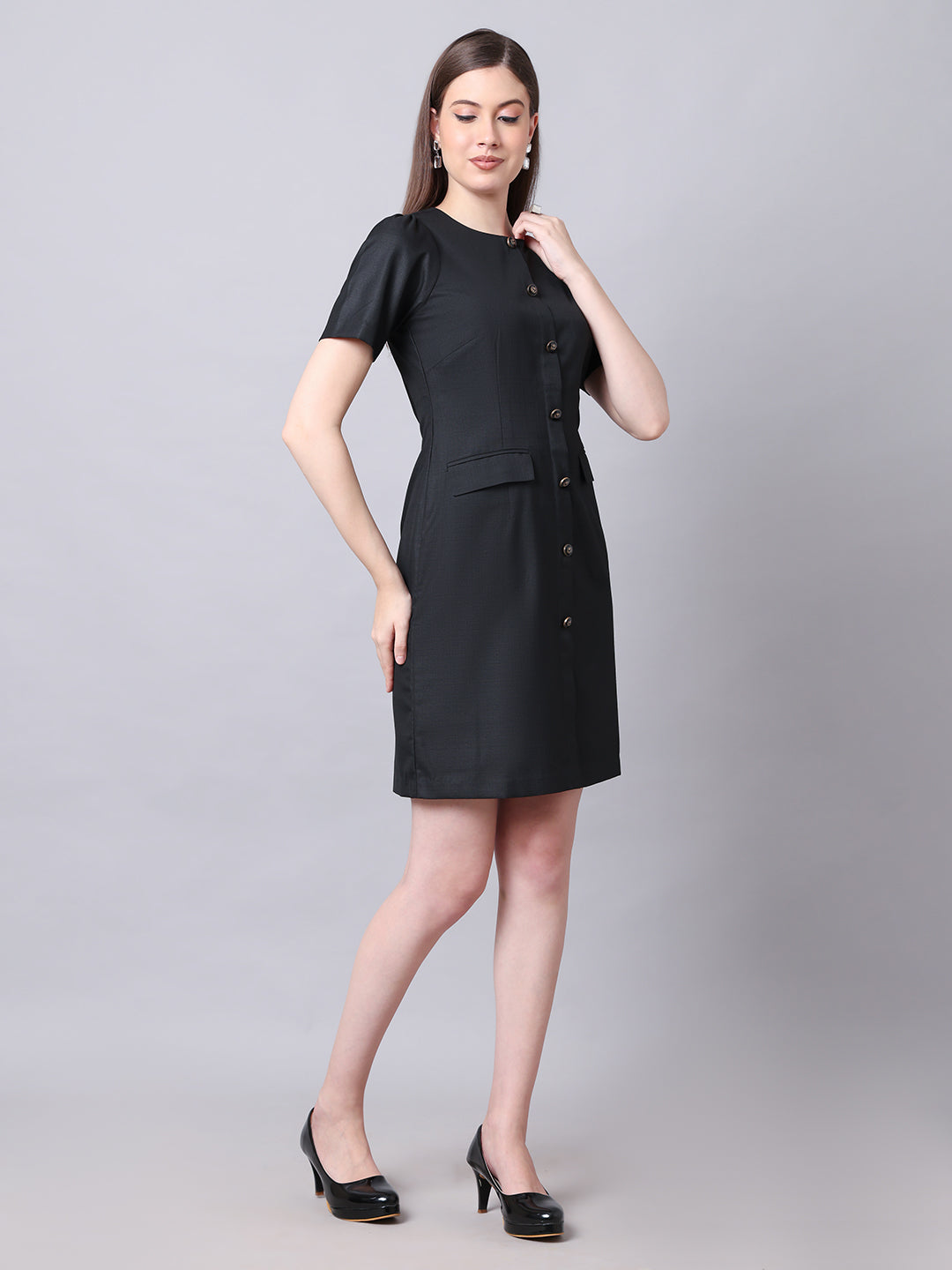 Chic Revolution Suiting Fabric Front Button Shift Dress (Black)