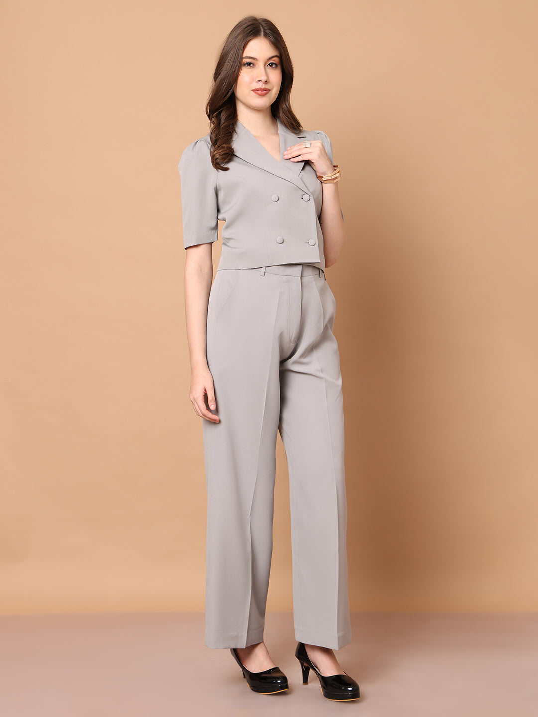 Daring Dreams Crop Blazer with Wide Leg Trouser (Grey)