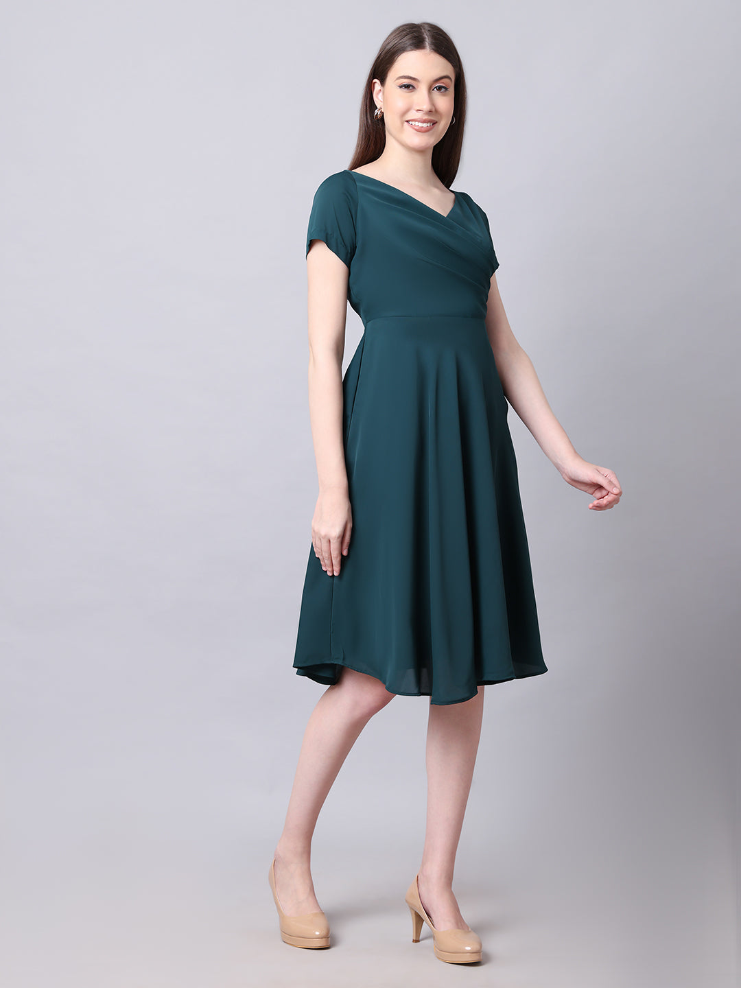 Intrepid V-Neck Front Pleat Dress with Pockets ( Emerald)