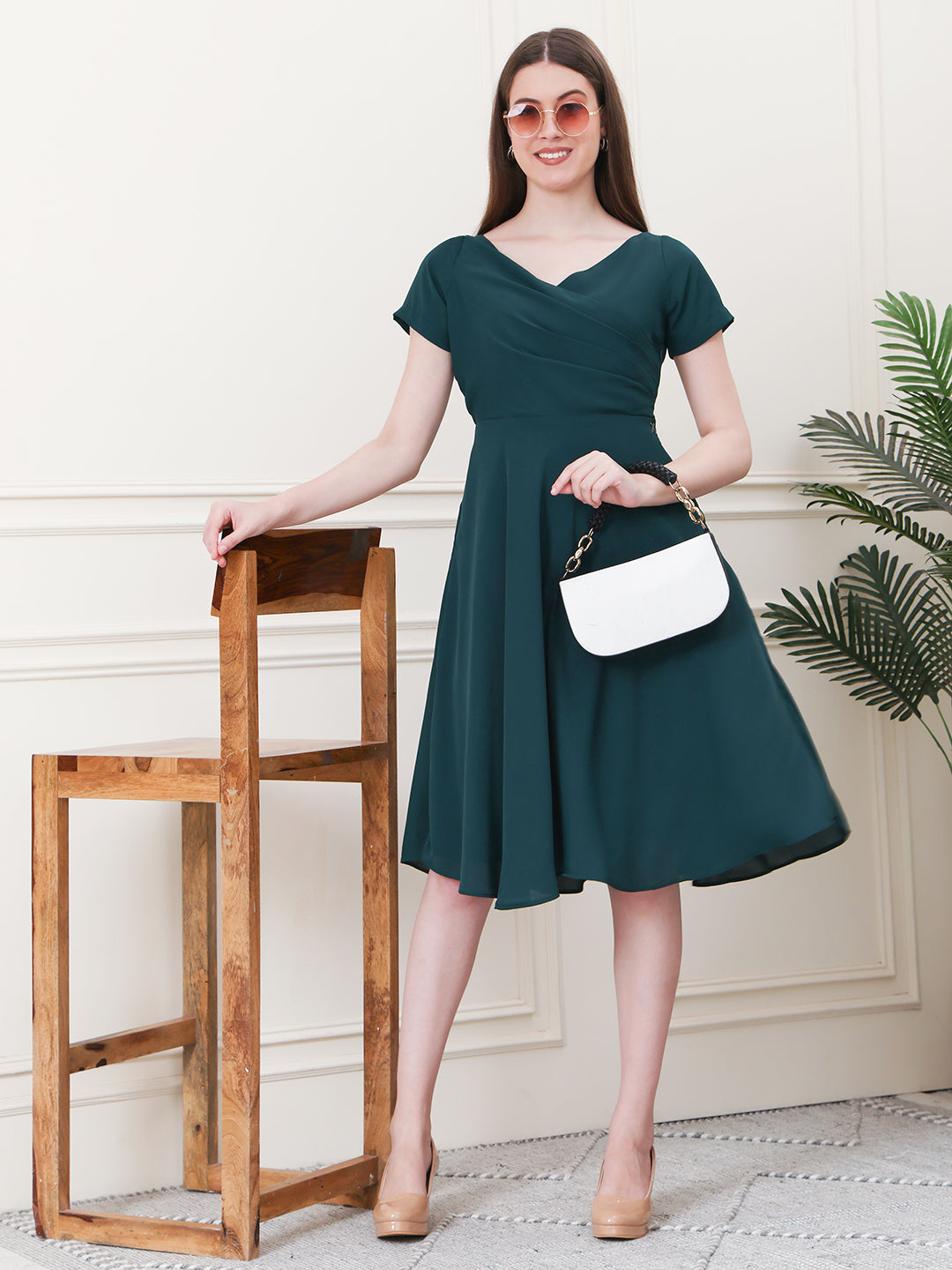 Intrepid V-Neck Front Pleat Dress with Pockets ( Emerald)