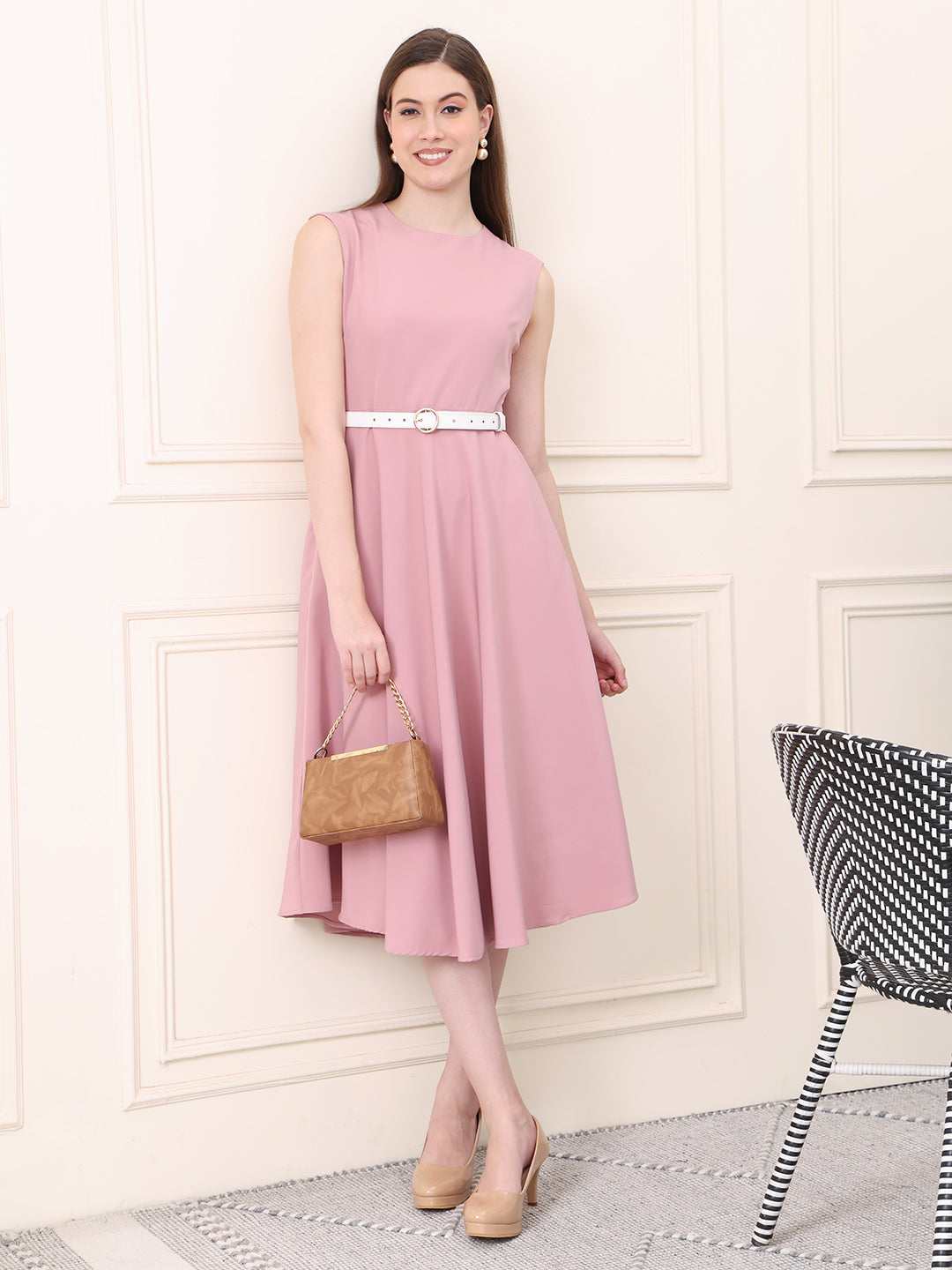 Warmth Fit & Flare Dress with Belt (Blush Pink)