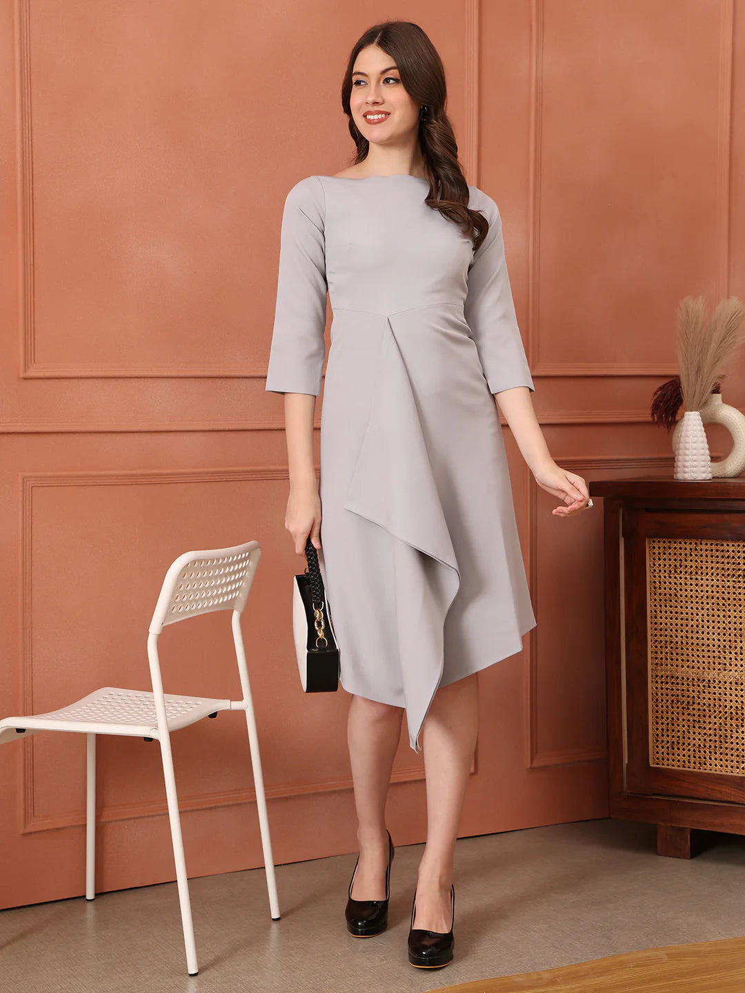 Sunlit Drape Dress With Sleeves (Grey)