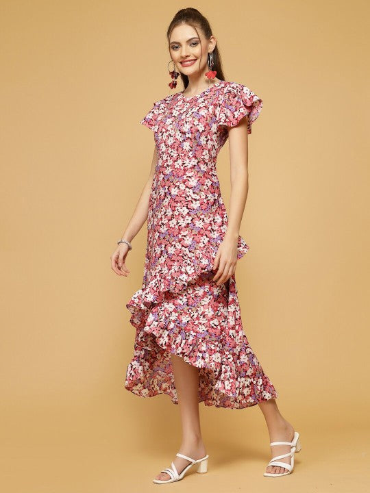 Floral Printed Flutter Sleeve Ruffled Crepe A-Line Midi Dress