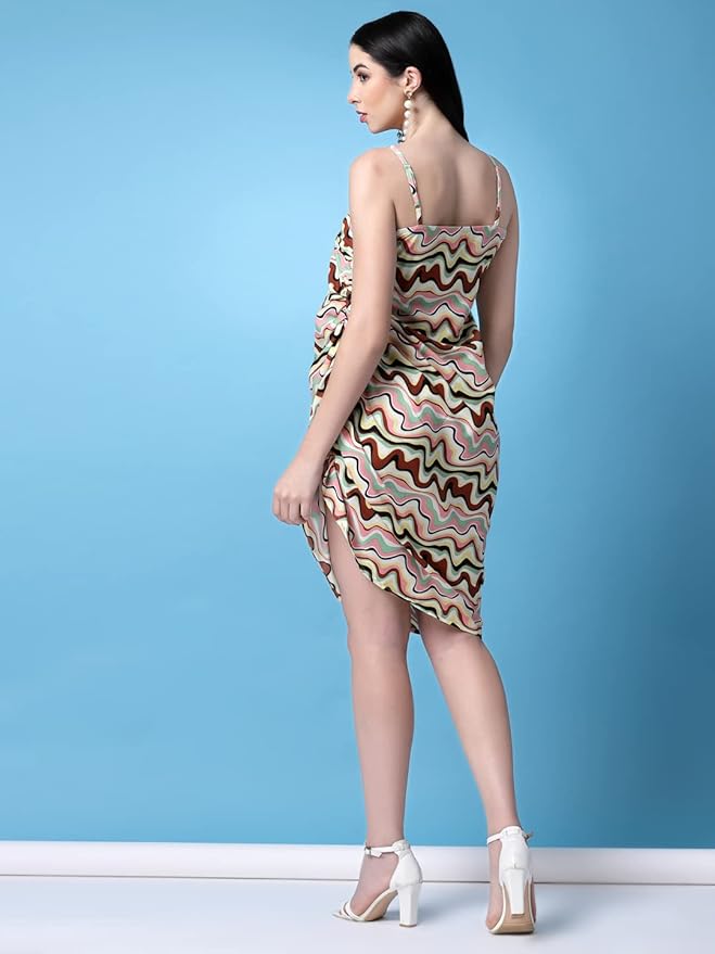 Floral Printed White And Green Ladies Party Wear One Piece Crepe Short Dress, Sleeveless