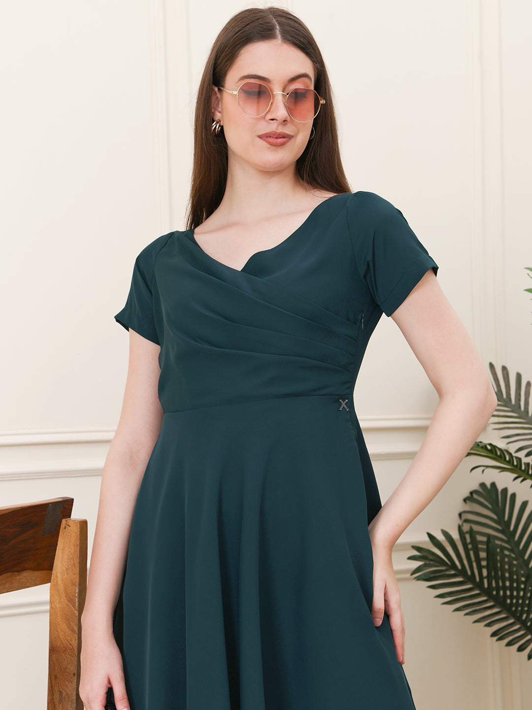 Intrepid V-Neck Front Pleat Dress with Pockets ( Emerald)