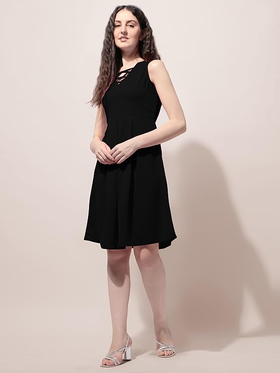 V-Neck Pleated A-Line Dress