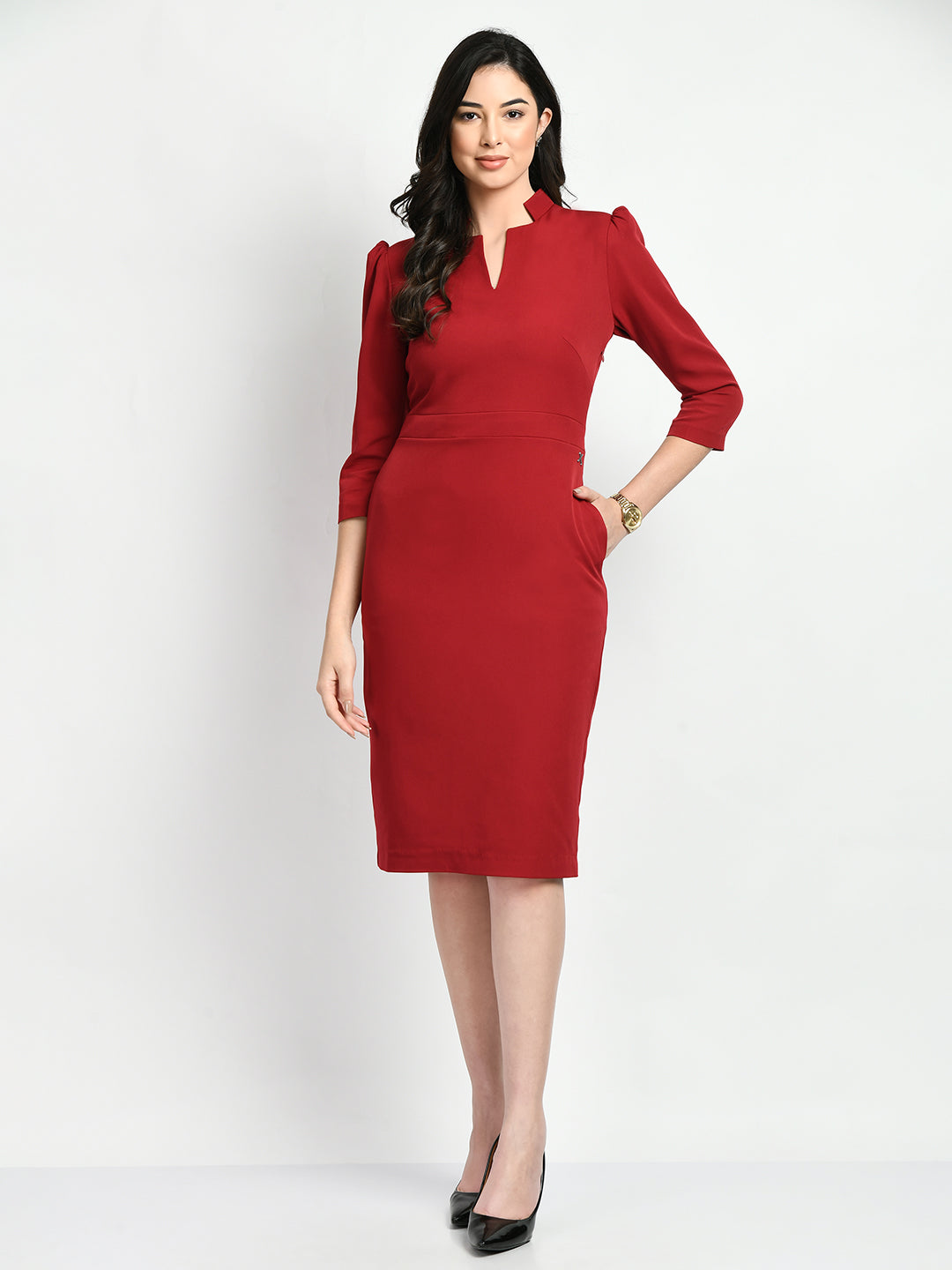 Grace Puff Sleeves Sheath Dress (Red)