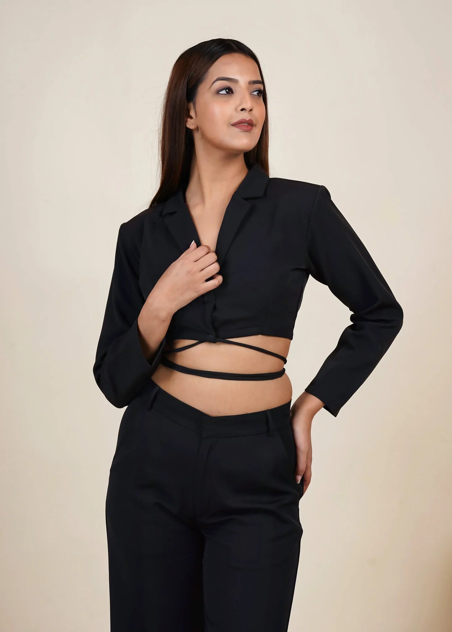 Black Cropped Tie String Blazer Co-Ord Set With Flared Pant