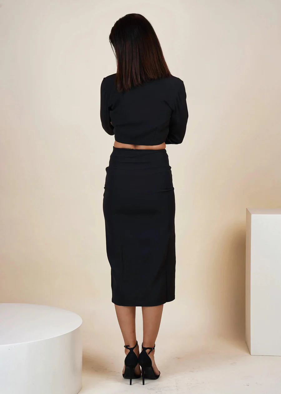 Black Cropped Blazer and Long Skirt Co-ord Set