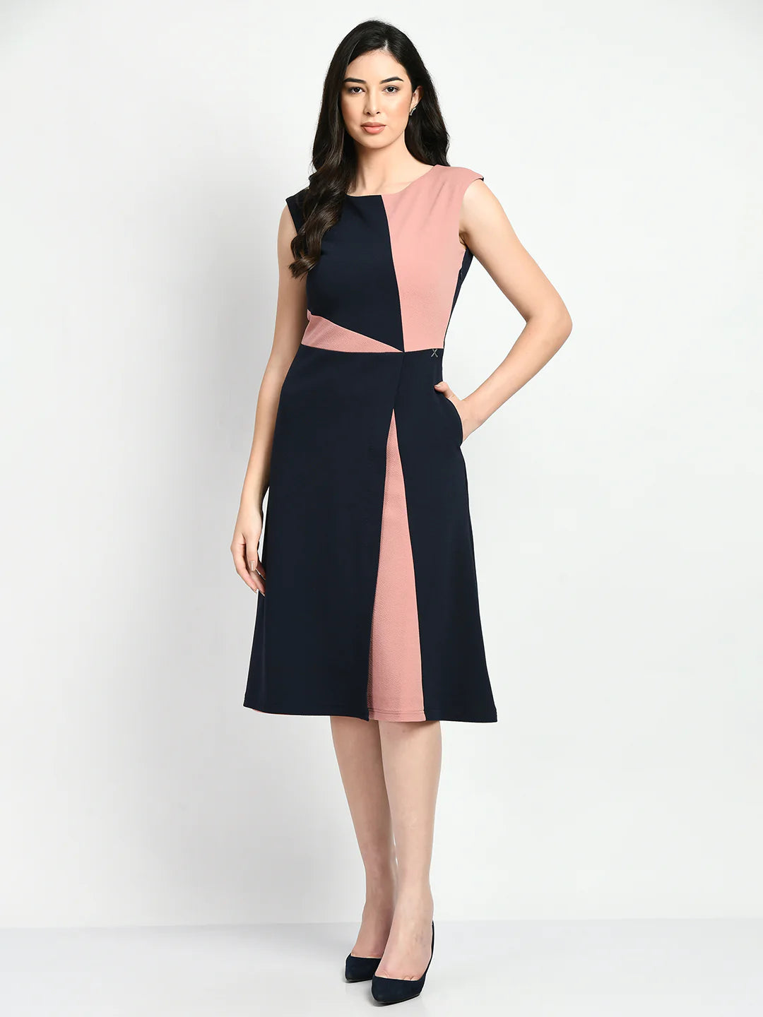 Elegance Colour Blocked A-line Wrap Dress (Navy + Pink)