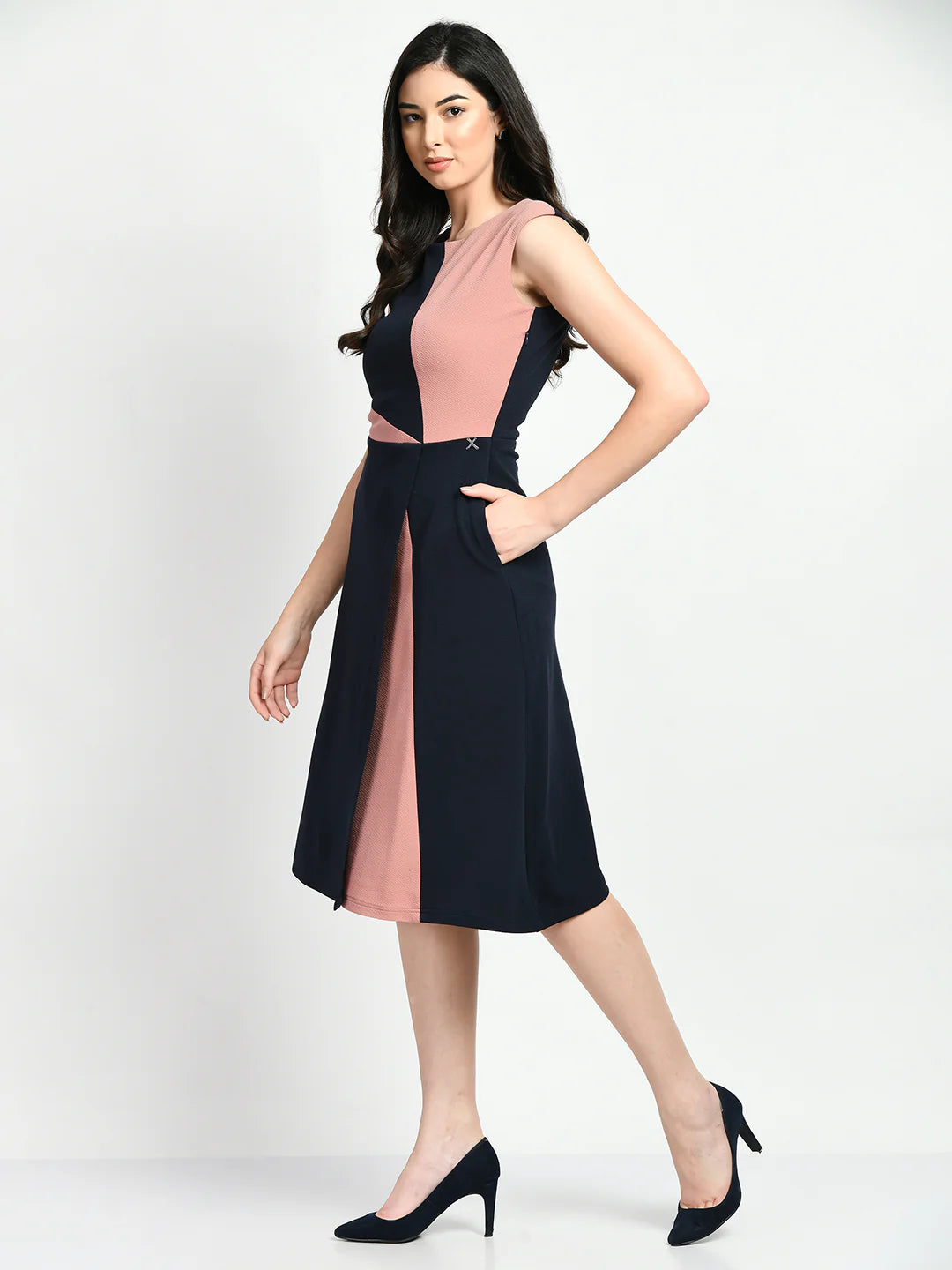 Elegance Colour Blocked A-line Wrap Dress (Navy + Pink)