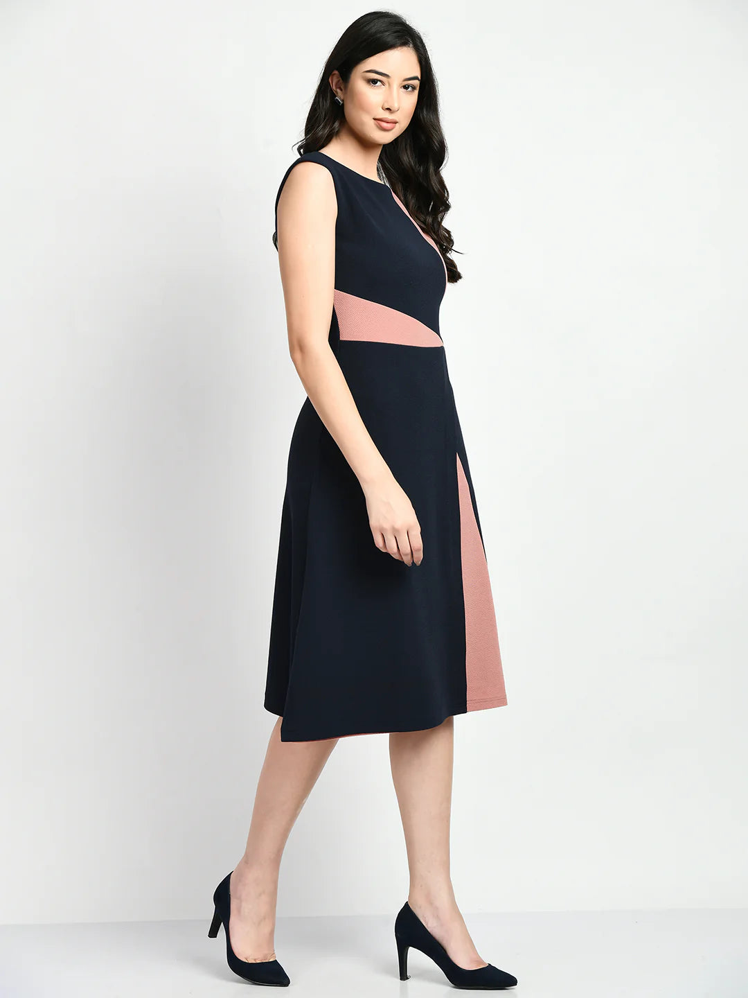 Elegance Colour Blocked A-line Wrap Dress (Navy + Pink)