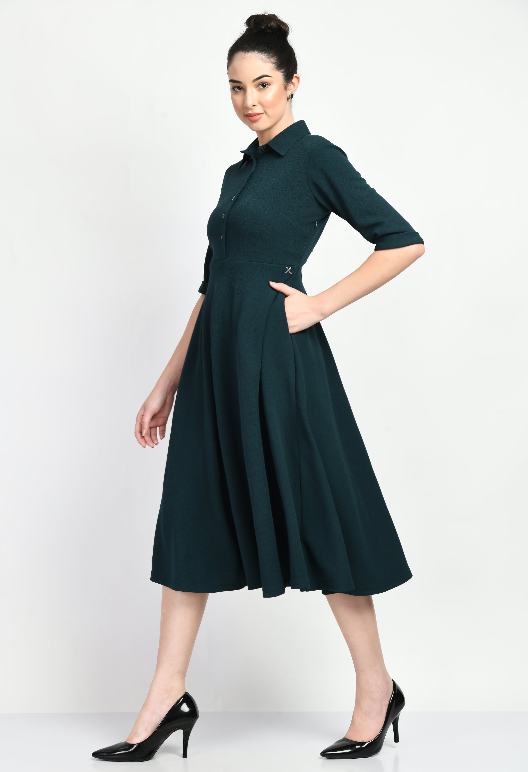 Serenity Fit and Flared Shirt Midi Dress (Emerald Green)