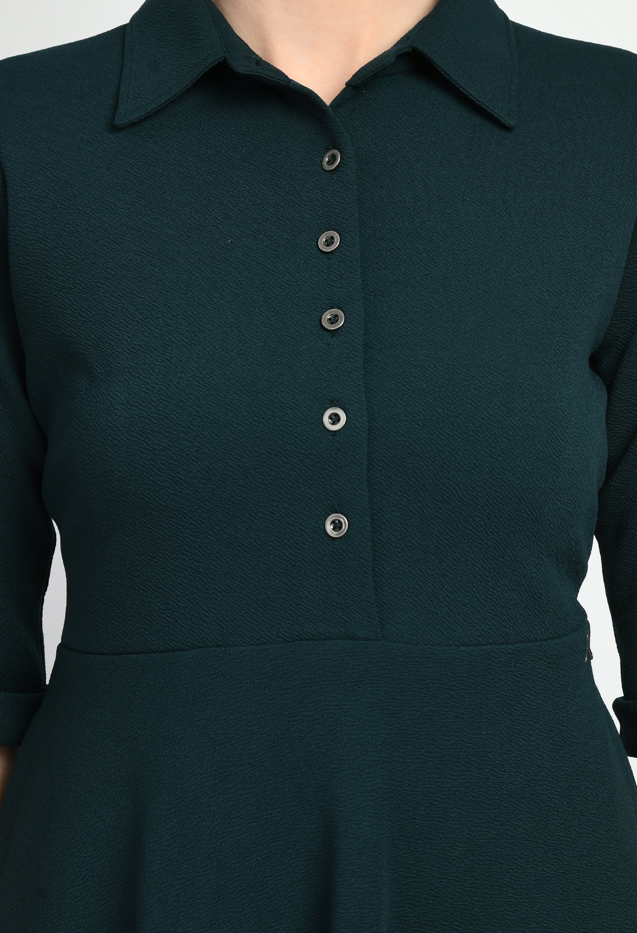 Serenity Fit and Flared Shirt Midi Dress (Emerald Green)