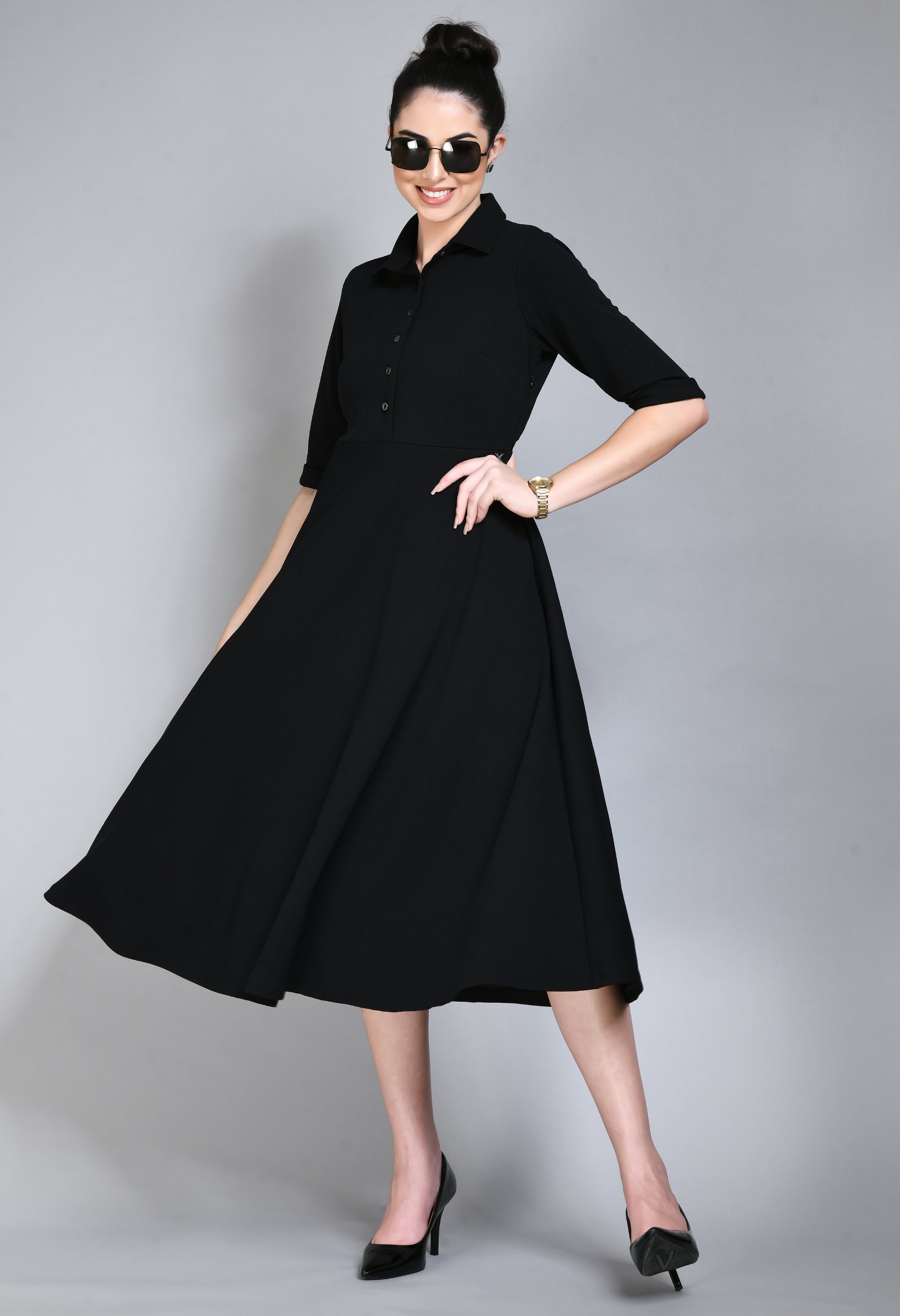 Serenity Fit and Flared Shirt Midi Dress (Black)