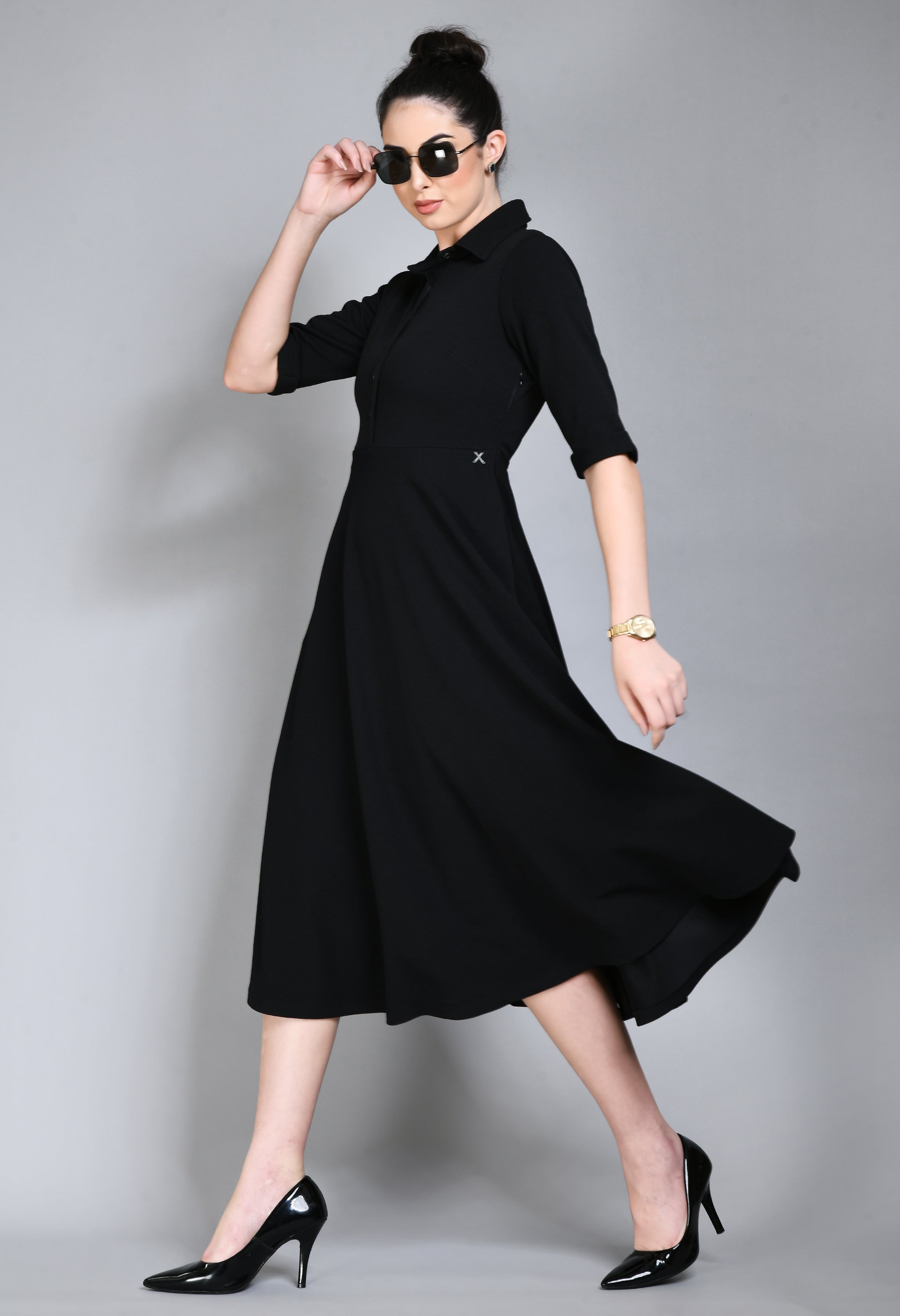 Serenity Fit and Flared Shirt Midi Dress (Black)