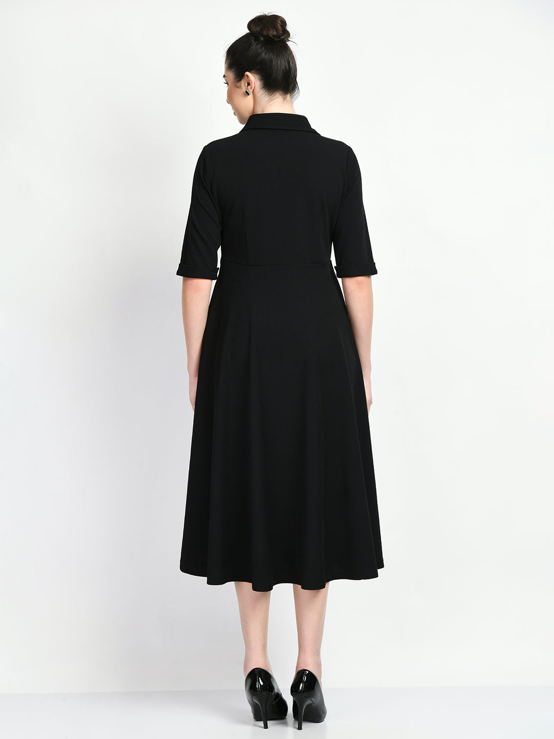 Serenity Fit and Flared Shirt Midi Dress (Black)