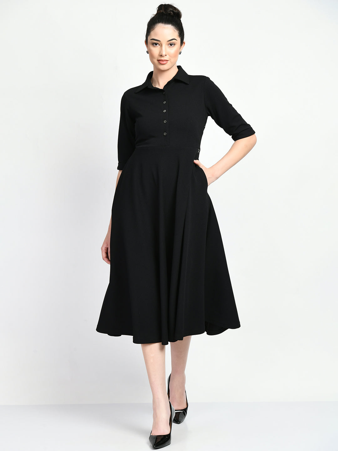 Serenity Fit and Flared Shirt Midi Dress (Black)