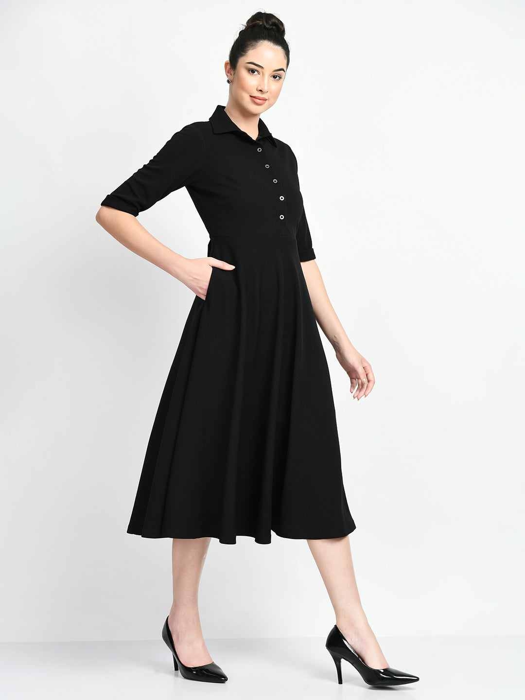 Serenity Fit and Flared Shirt Midi Dress (Black)