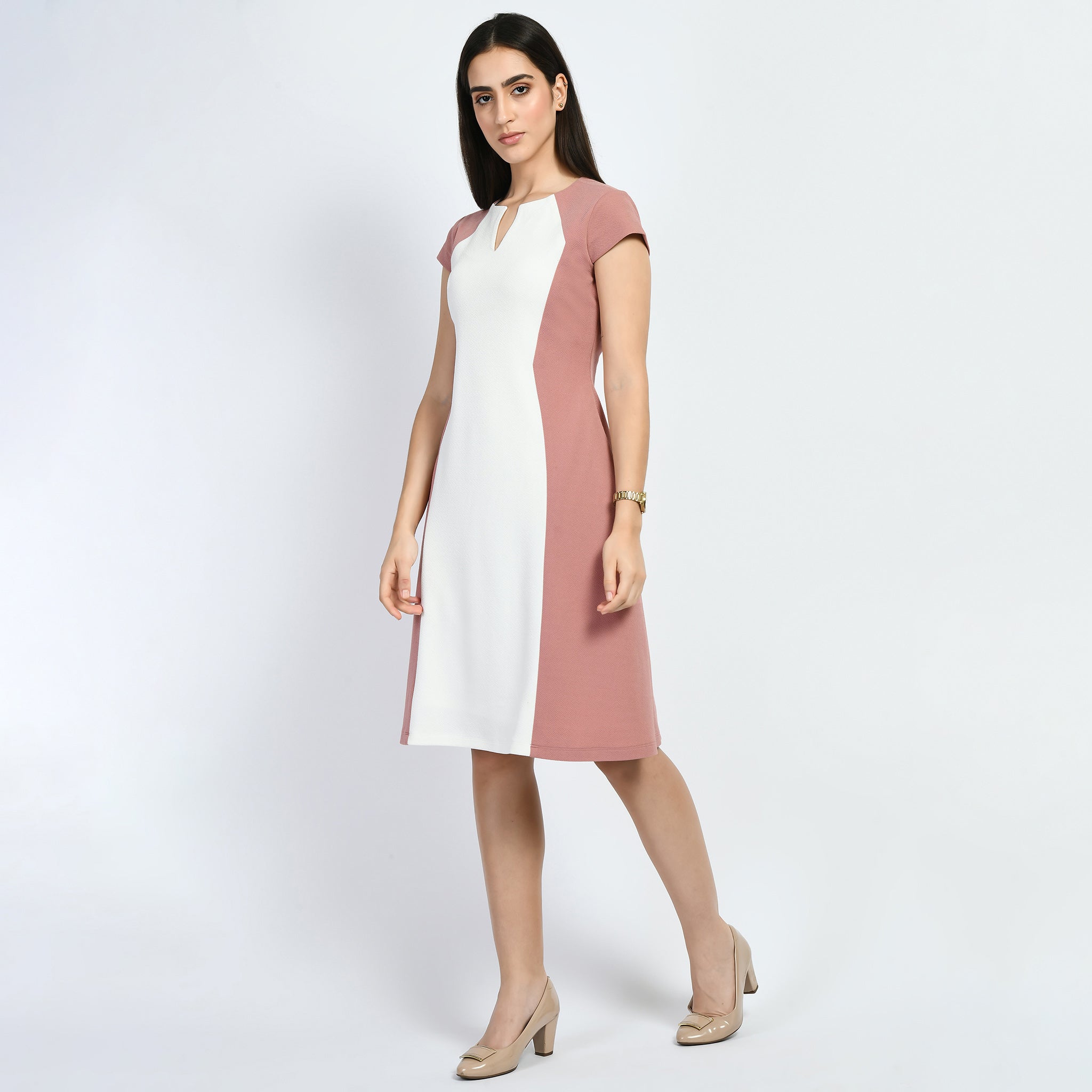 Awe Colour-blocked Sculpt A-line Dress (Cherry Pink)