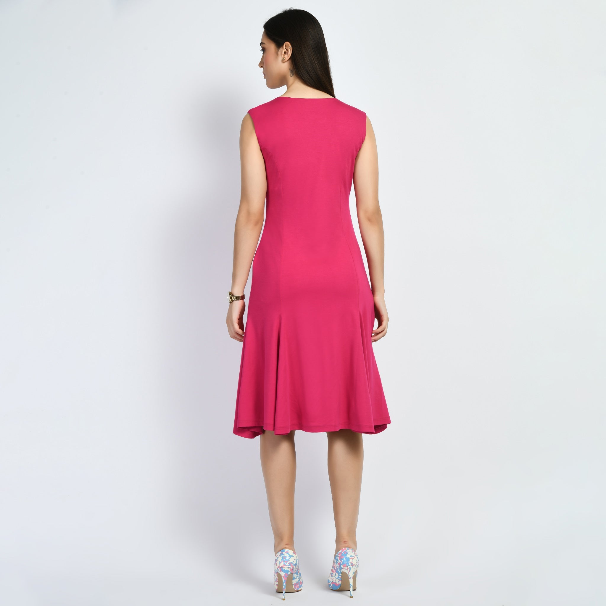 Appeal Flared V-neck Dress (Hot Pink)