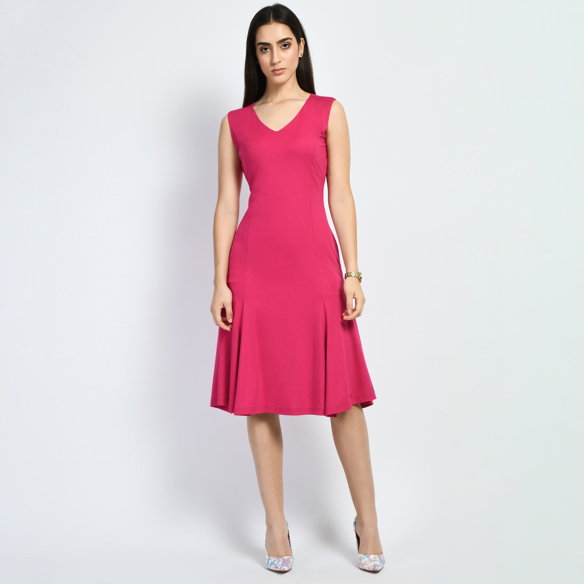 Appeal Flared V-neck Dress (Hot Pink)