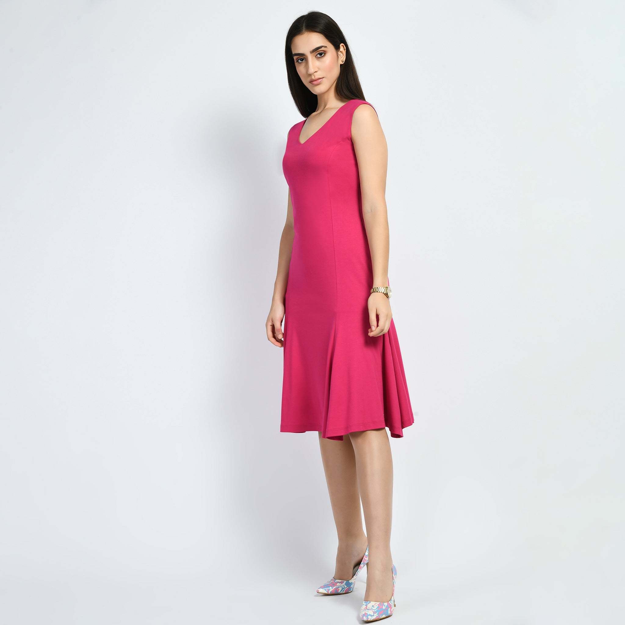 Appeal Flared V-neck Dress (Hot Pink)