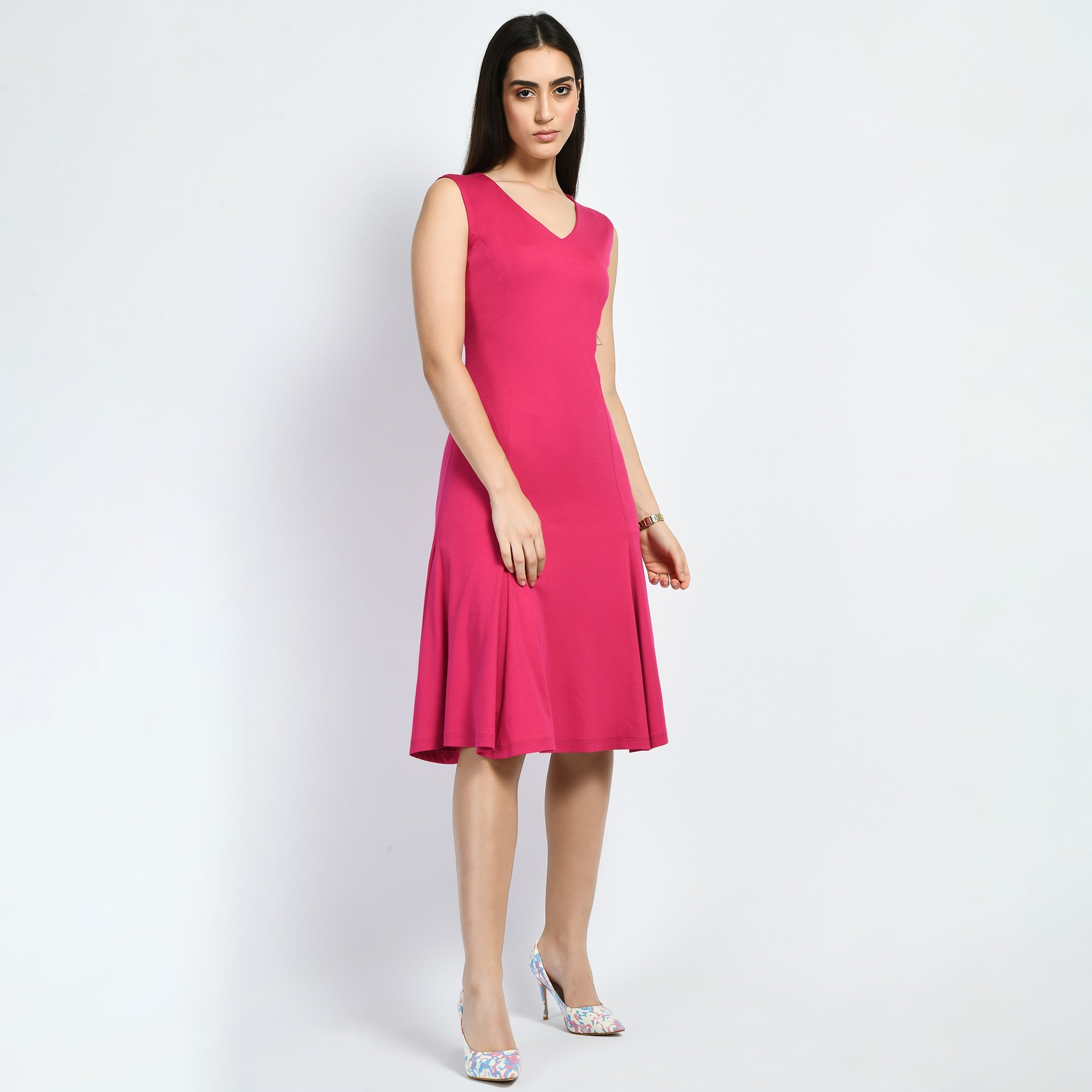 Appeal Flared V-neck Dress (Hot Pink)