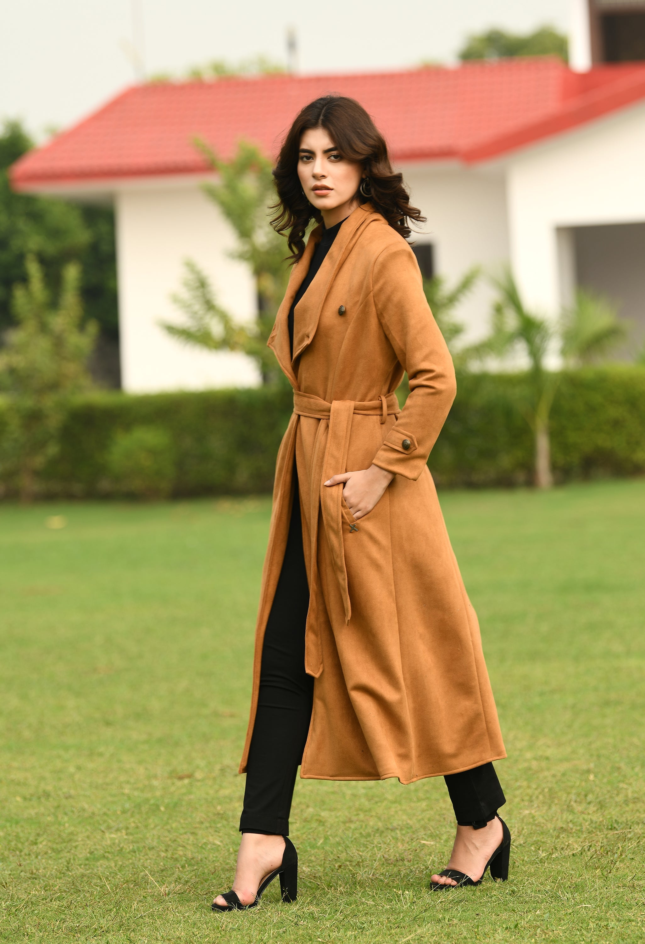 Dedication Suede Leather Long Wrap Coat (Tan Brown)