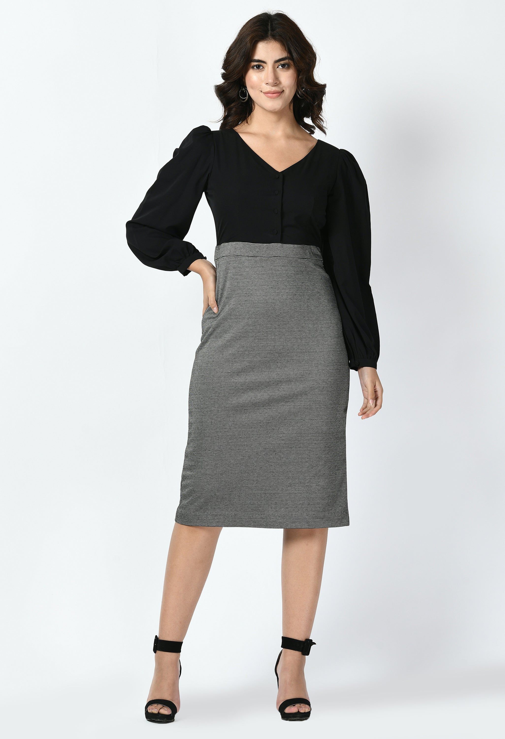 Style Colour Blocked Sheath Dress (Charcoal Black + Black)